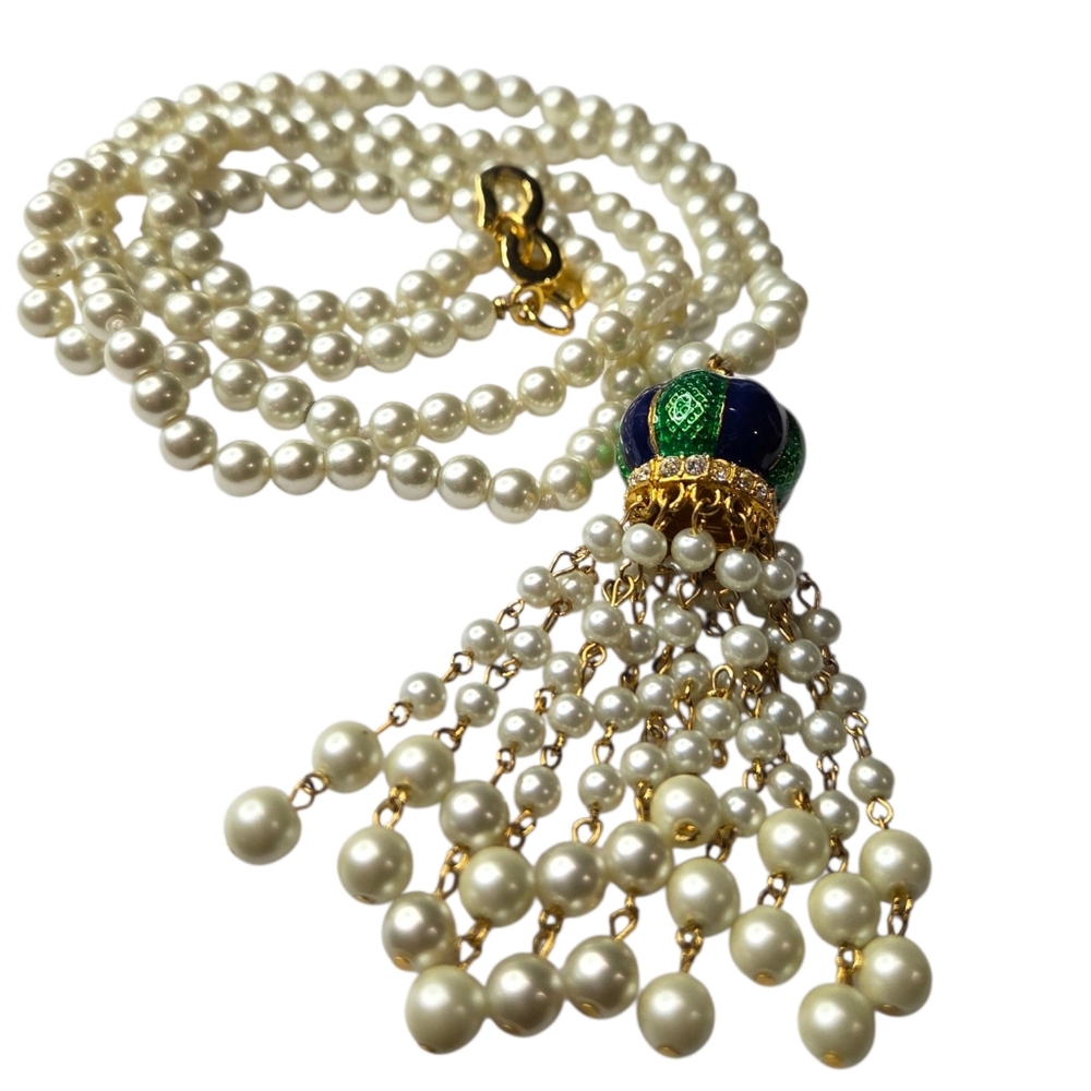KENNETH LANE Pearl Sapphire Emerald Enamel Tassel Necklace - Picture 4 of 5